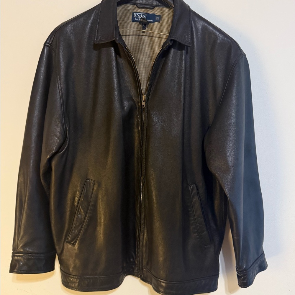 Polo Ralph Lauren Lambskin Leather Jacket Large Black Plaid Lining